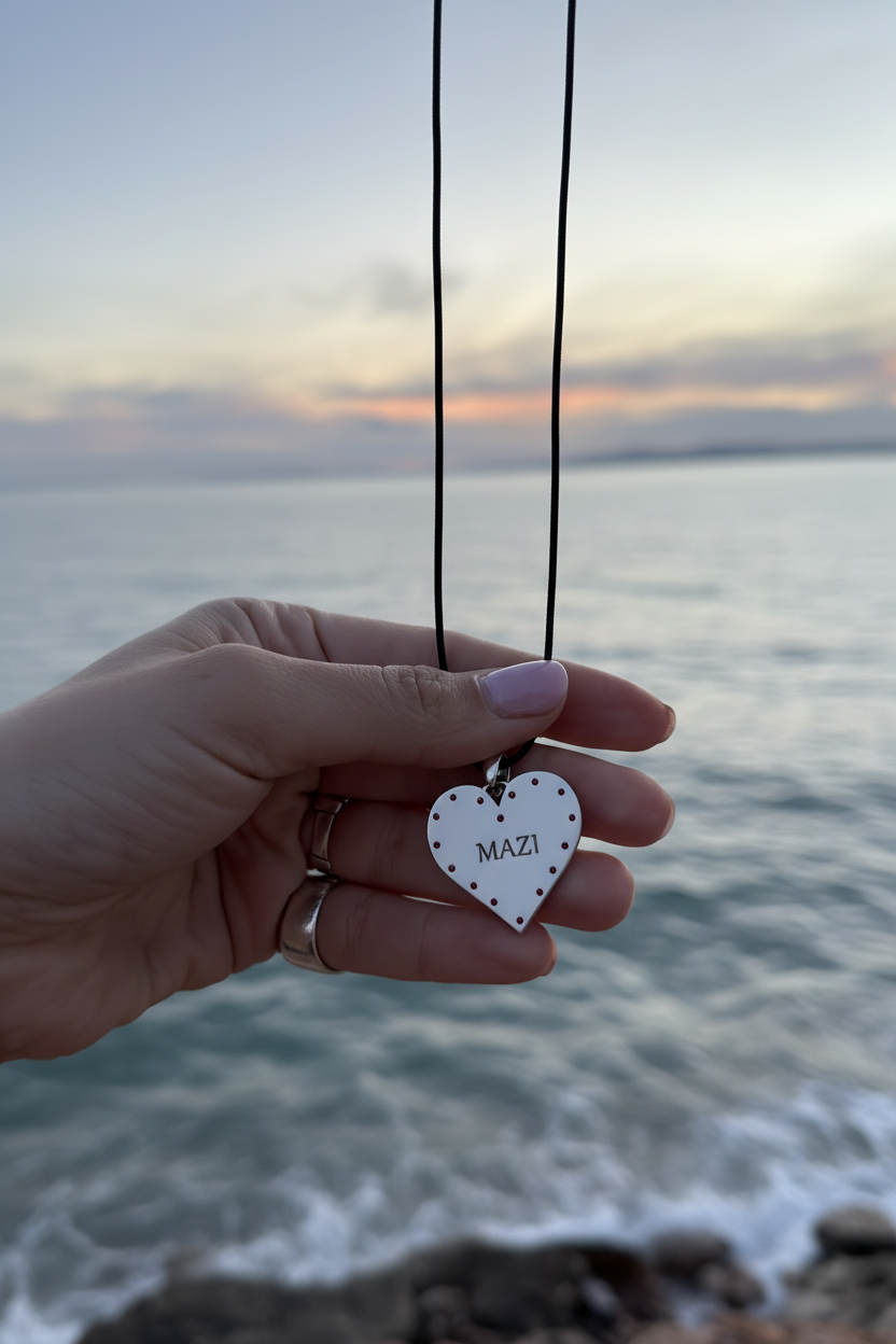 MAZI heart necklace at sunset